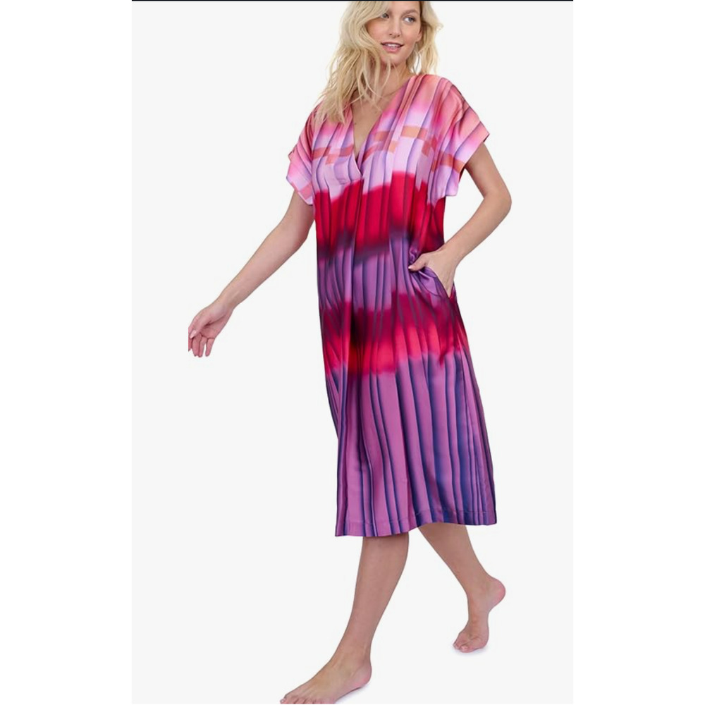 NWT GOTTEX PINK GOLDEN HOUR V-NECK TUNIC CAFTAN DRESS SWIMSUIT SWIM COVER UP L